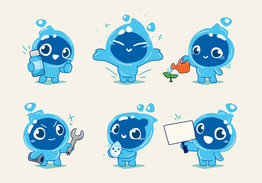 set of cartoon water drop character mascot collection