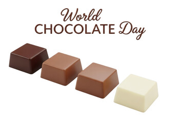 Four square chocolate pieces, dark milk and white, celebrating world chocolate day isolated on transparent background