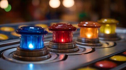 Close up of glowing colorful buttons on a retro arcade game control panel with blurred lights