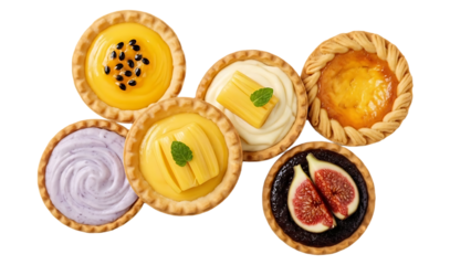 A delightful assortment of fruit tarts with various toppings isolated on transparent background