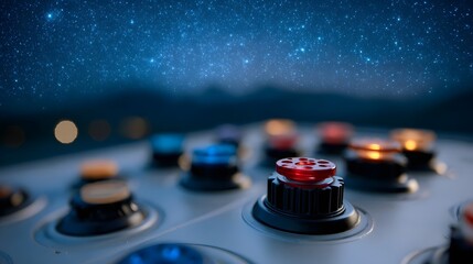 A futuristic control panel with colorful buttons and dials set against a starry night sky