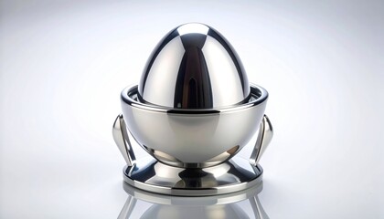 Shiny Silver Egg in Egg Cup on White Background.