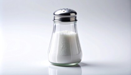 Salt shaker filled with salt on white background.