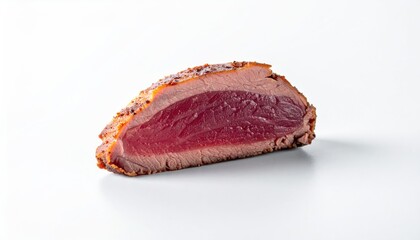 Seared Tuna Steak Slice with Sesame Seeds on White Background.