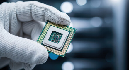 Precision Semiconductor Chip Held by Gloved Hand A Microelectronics Marvel of Engineering and Technology for Computing Power and Innovation