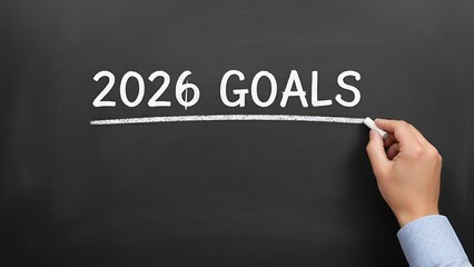 Hand writing 2026 goals with white chalk on a black chalkboard