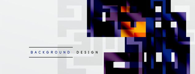 Obraz premium Abstract geometric background. Modern design features layered squares, rectangles, vibrant blues, grays, white space. Minimalist aesthetic.