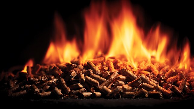 Burning wood pellets creating vibrant flames and glowing embers in dark background, copy space for text.