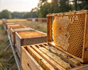 honeycombs and honey in hives outdoors