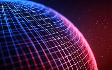 Abstract glowing grid on a digital sphere with red and blue light