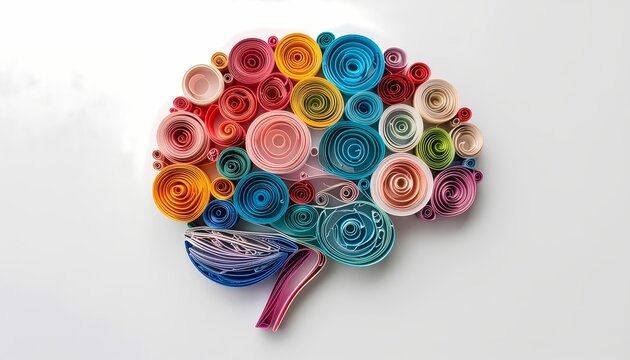 Colorful quilling artwork of a human brain formed from rolled paper strips&mdash;coils and spirals with rich texture on a clean white backdrop. Handmade craft for creative education, psychology, and design.