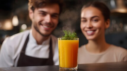 A smiling couple and a chef observe a fresh hot orange juice with steam and a green garnish presented in a condensation covered glass