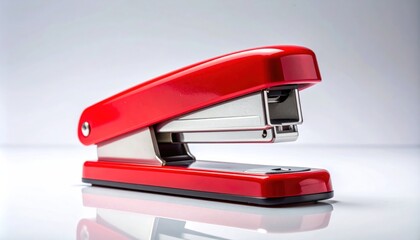 Red stapler on white background for office or school use.
