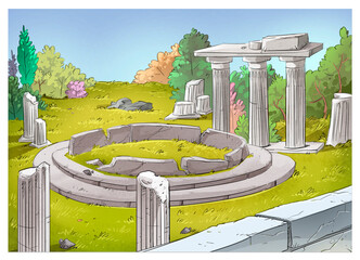 Landscape with Greek ruins, illustration background