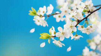 Delicate white cherry blossoms unfurling against a serene blue sky, with gentle petals gracefully descending, symbolizing the fresh beauty and renewal of springtime