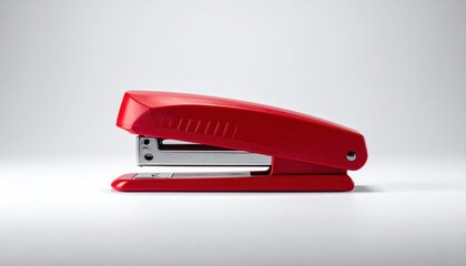 Red stapler on white background, office supply, close-up.