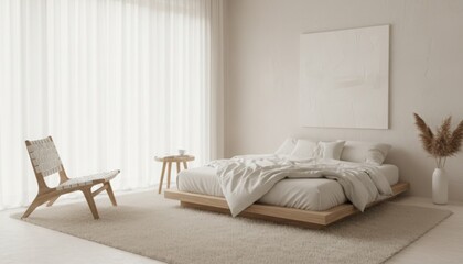 Minimalist bedroom with a low wooden bed frame, white bedding, and a woven chair sits near a sheer white curtain