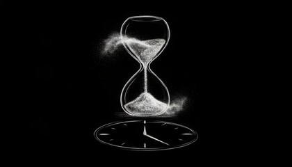 Artistic sketch of an hourglass on a black background with sand turning into a clock face representing the passage of time and fleeting moments