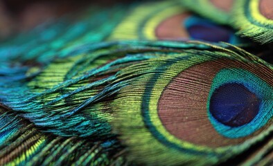 Close-up of iridescent peacock feather eyes with intricate patterns
