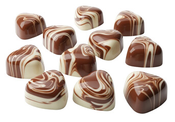 A collection of delicious heartshaped milk and white chocolate pralines with marbled swirl topping, isolated on transparent background