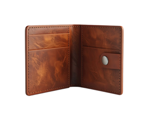 Open, empty leather wallet, light brown color, black background