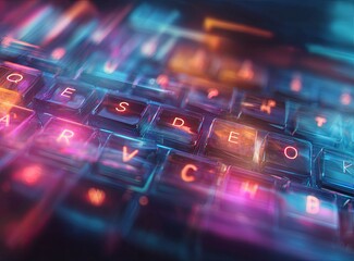 Close-up on a futuristic, illuminated keyboard with glowing, transparent keys