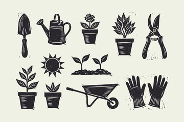 Essential Gardening Tools and Plants Vector Icons in Retro Woodcut Style © Ghaghah24