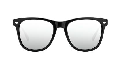 Classic black-framed glasses with clear lenses centered on black background