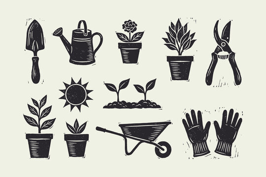 Essential Gardening Tools and Plants Vector Icons in Retro Woodcut Style
