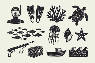Vintage Woodcut Ocean Icons Set: Diving, Marine Life, Nautical, and Sea Adventure Elements © Ghaghah24