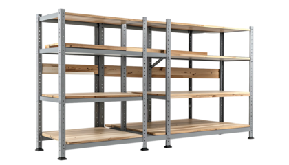 Industrial steel shelving unit with wooden shelves, well-lit against black