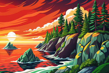 cold northern coastline features pine trees near the sea, combining evergreen vegetation with rocky shores and deep ocean tones