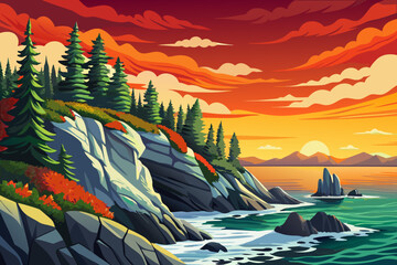 cold northern coastline features pine trees near the sea, combining evergreen vegetation with rocky shores and deep ocean tones