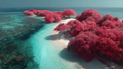 Surreal island with pink foliage, clear turquoise water, and white sand
