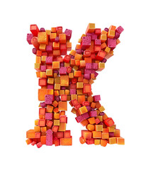 3d Rendering of English Alphabet K made of orange and red colored squares on white background High quality image