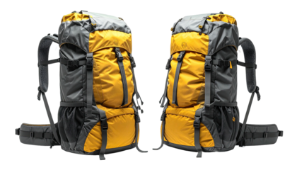 Two backpacks, grey and yellow, for hiking or camping, with straps
