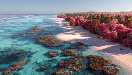 An aerial view of a vibrant coastline with pink trees bordering a sandy beach