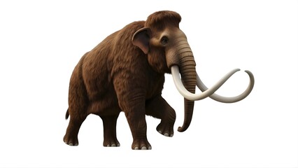 Obraz premium A majestic large brown woolly mammoth with long curved tusks and a trunk standing, isolated on white background