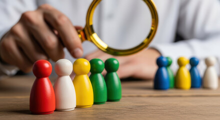 Strategic Human Resources Planning A Focused Approach to Talent Acquisition and Team Building with Colorful Wooden Figures Under Scrutiny with a Magnifying Glass