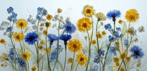Translucent pressed wildflowers, yellow and blue, on a light background