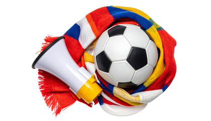 Soccer with scarf and megaphone isolated on transparent background, football supporter concept