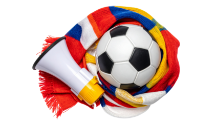 Soccer with scarf and megaphone isolated on transparent background, football supporter concept