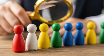 Talent Acquisition and Recruitment Process Magnifying Glass Examining Colorful Figures Representing Human Resources and Employee Selection for Company Growth