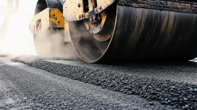 Road roller machine laying down asphalt on a road