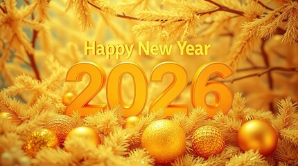 Golden Happy New Year 2026 celebration with ornaments and pine branches