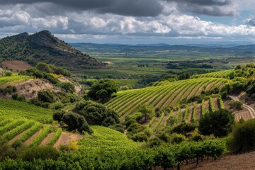 Rolling green vineyards with a rugged hill under dramatic clouds
