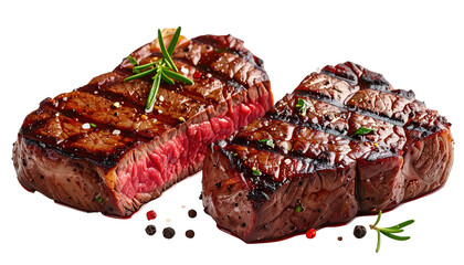 Two perfectly grilled steaks, one sliced to show juicy, red interior