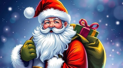Jolly Santa Claus carrying gifts on a snowy night