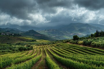 Lush vineyards stretch across rolling hills under dramatic, stormy skies