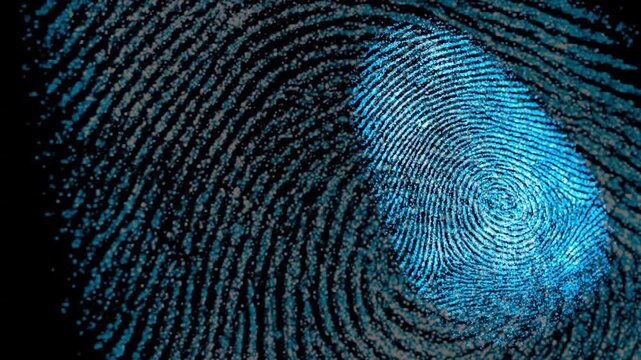 Digital fingerprint in blue light on a black background for security
